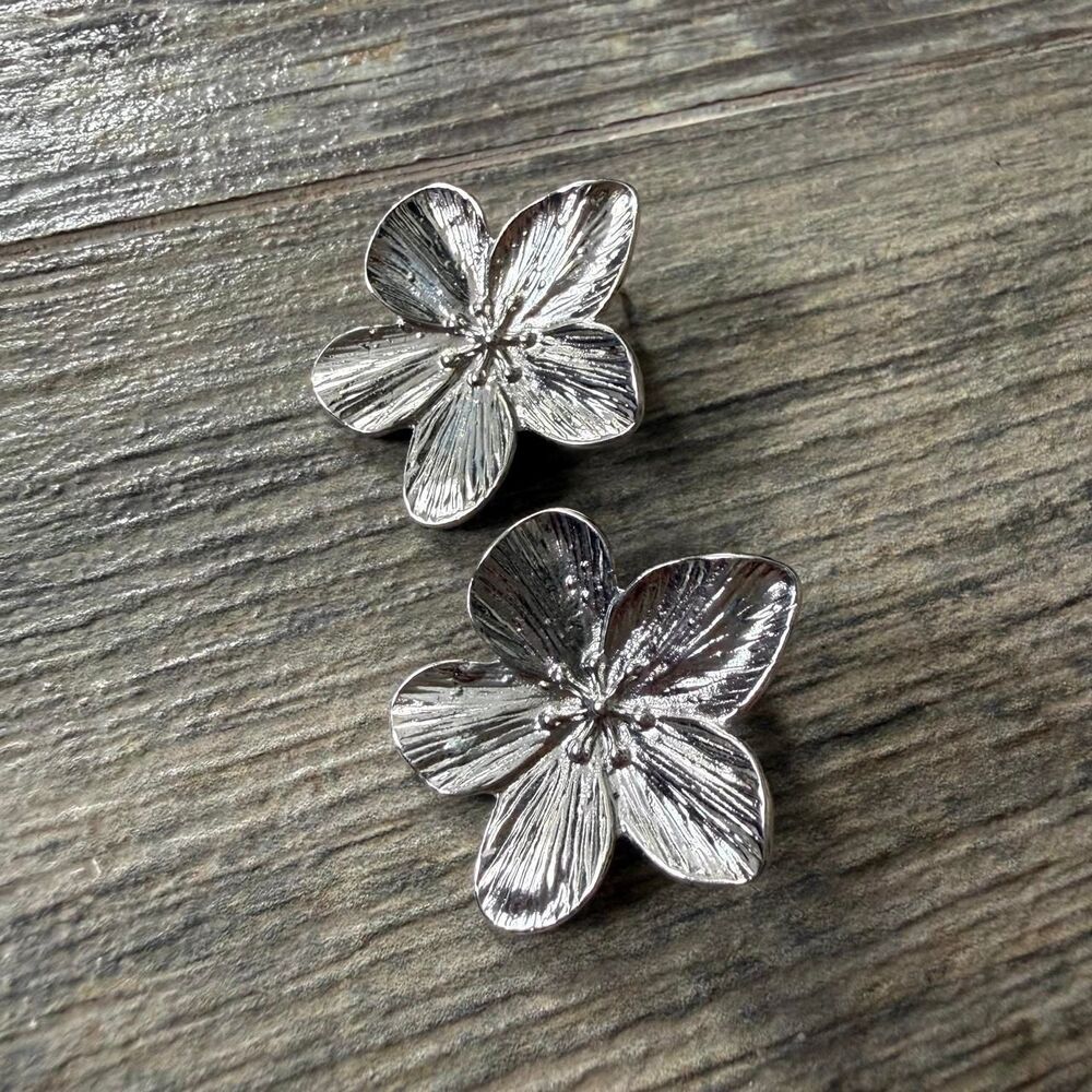 Silver flower stud earrings with backing 1 inch Womens